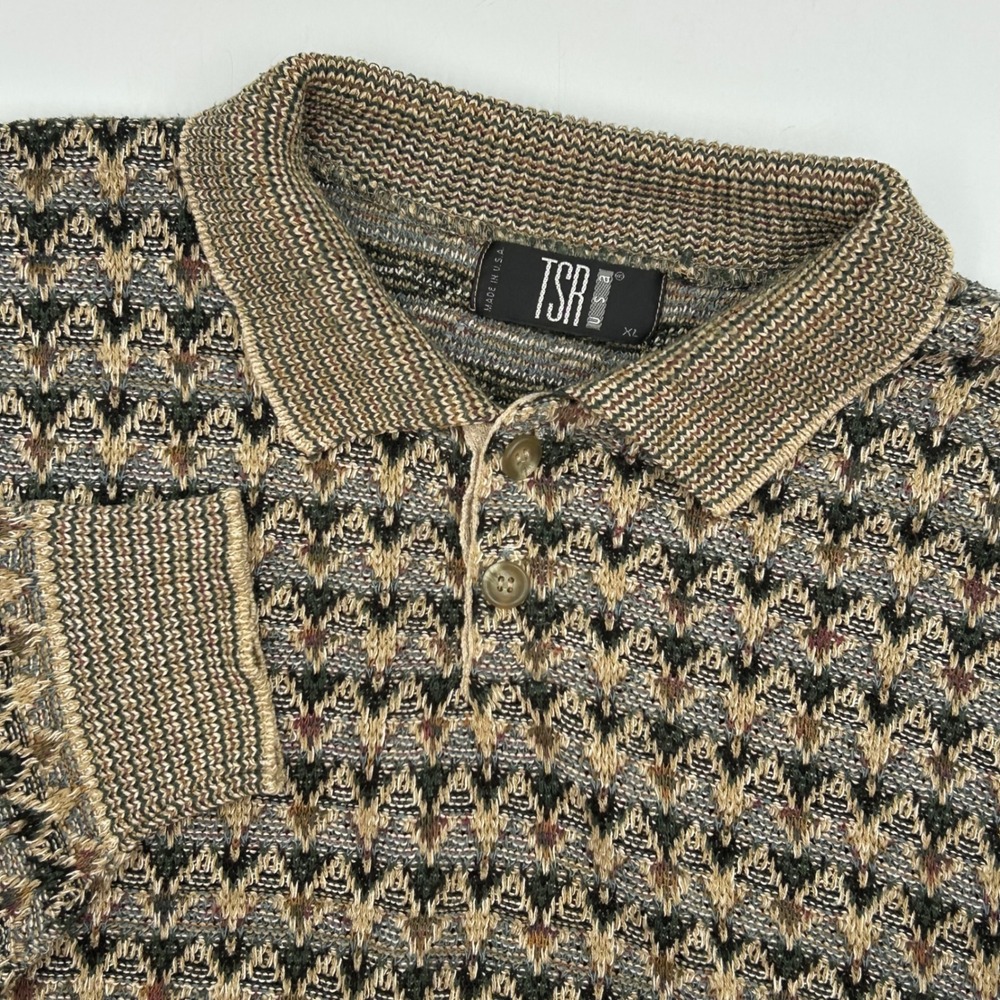 TSR PSO Vintage Y2K Men's XL Geometric Knit‎ Polo Sweater Made in USA EUC